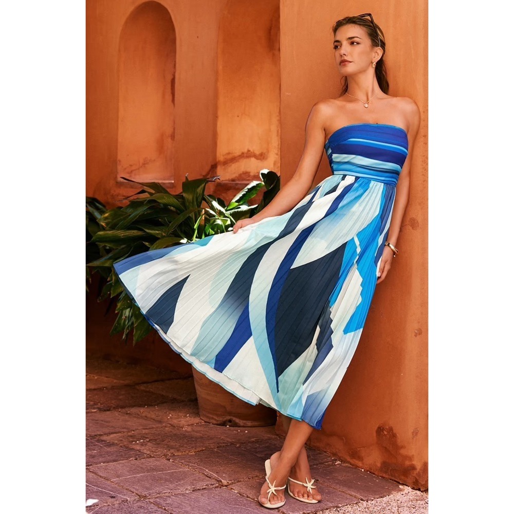 Cupshe Musing Abstract Maxi Dress Blue Geometric Pleated Strapless Midi Size M
